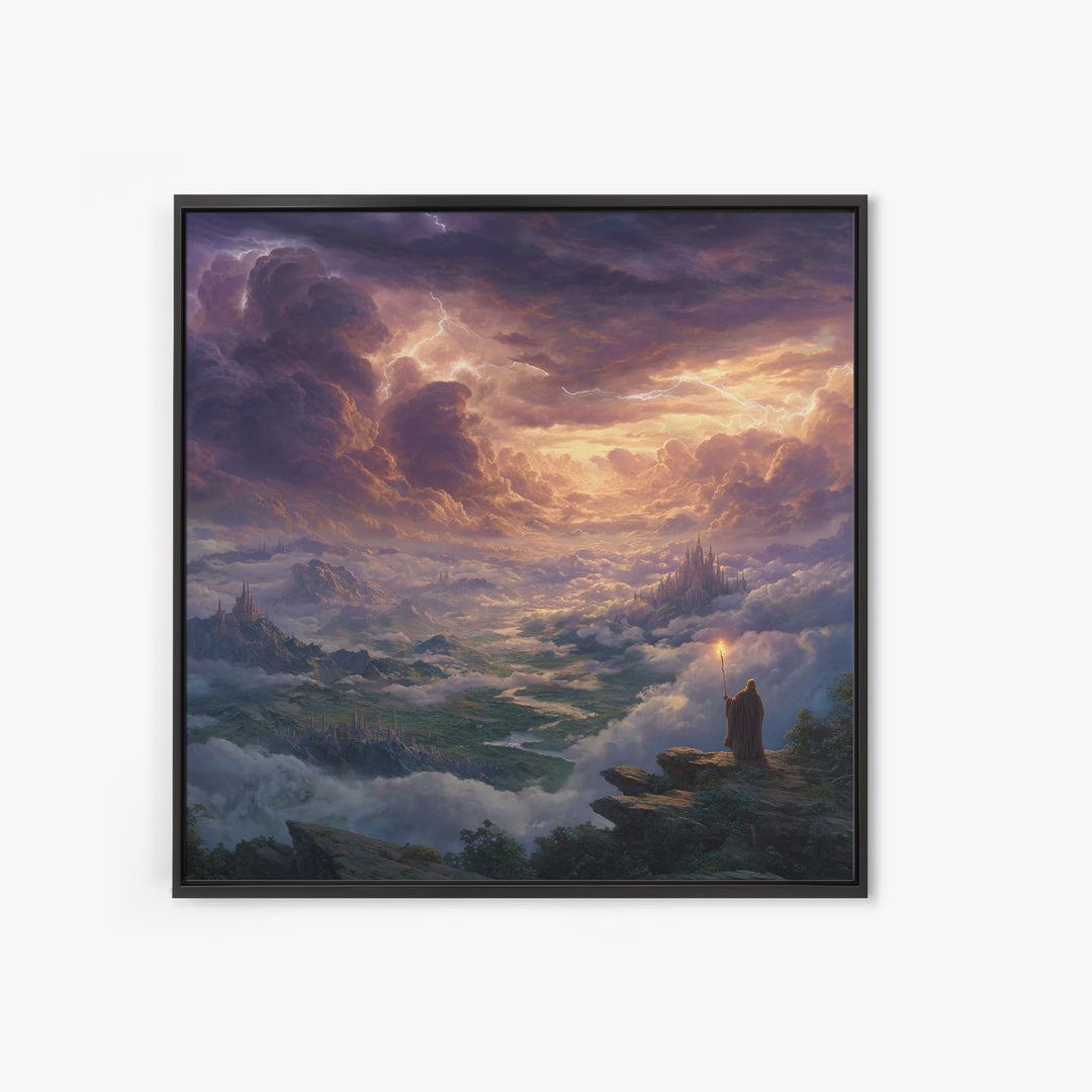 Storm Wizard Over Cloud Kingdom Wall Art, Epic Fantasy Landscape Canvas Print, Dark Academia Office Decor, Large Gift For Him