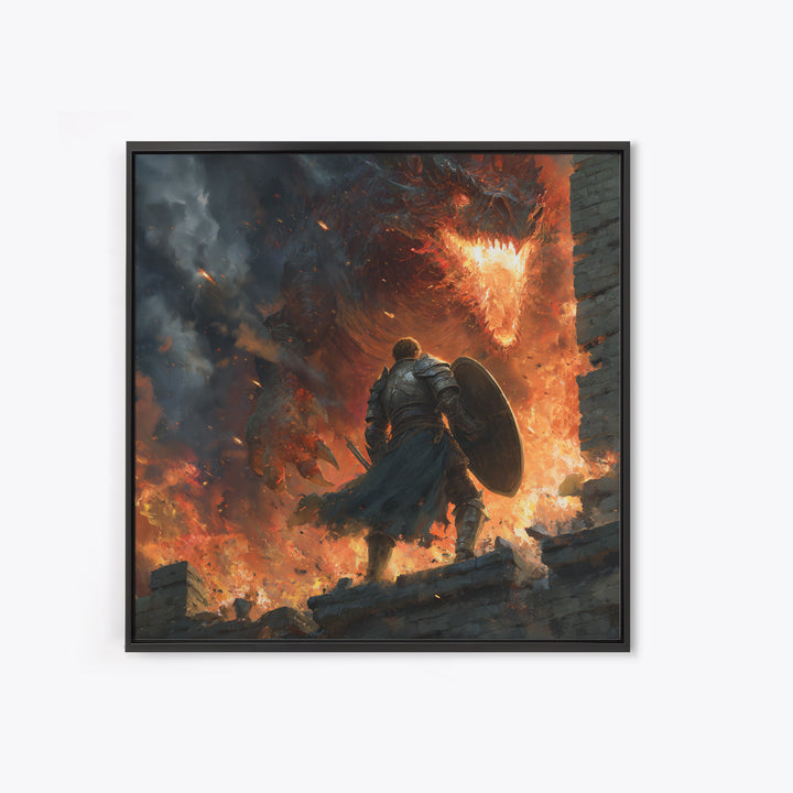 Knight Facing Fire Dragon Wall Art, Dark Fantasy Canvas Print, Medieval Battle Decor, Large Gothic Gamer Room Gift For Him
