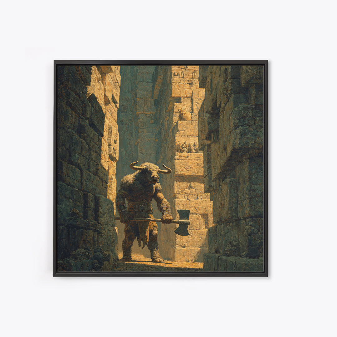 Minotaur In Ancient Stone Alley Wall Art, Mythological Fantasy Canvas Print, Rustic Medieval Decor, Man Cave Gift For Him