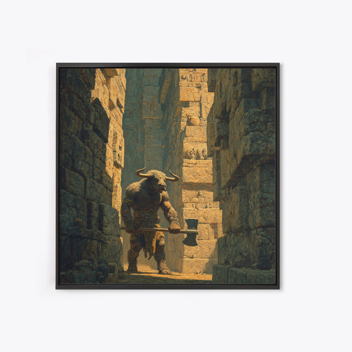 Minotaur In Ancient Stone Alley Wall Art, Mythological Fantasy Canvas Print, Rustic Medieval Decor, Man Cave Gift For Him