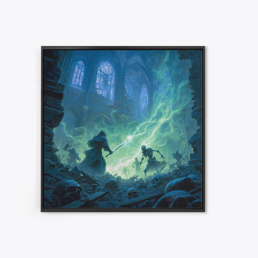 Wizard Versus Skeleton Army Wall Art, Gothic Fantasy Canvas Print, Dark Cathedral Magic Decor, Spooky Halloween Gift For Him