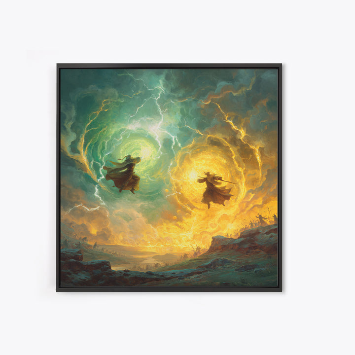 Dueling Mages With Lightning Portals Wall Art, Epic Fantasy Canvas Print, Magical Landscape Decor, Large Gamer Room Gift For Him