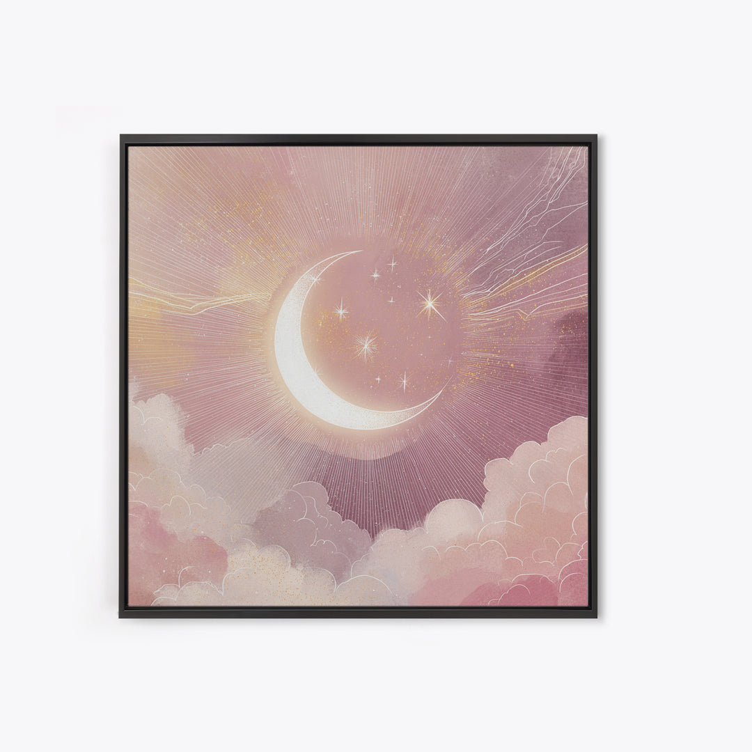 Crescent Moon In Pink Clouds With Stars Wall Art, Celestial Nursery Decor, Mystical Pastel Bedroom Print, Boho Moon Gift