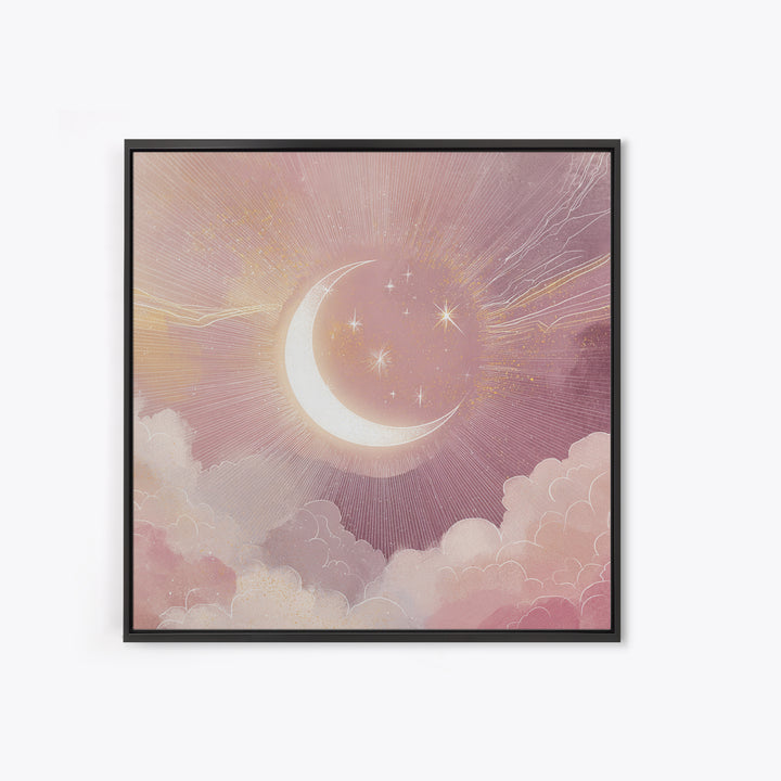Crescent Moon In Pink Clouds With Stars Wall Art, Celestial Nursery Decor, Mystical Pastel Bedroom Print, Boho Moon Gift