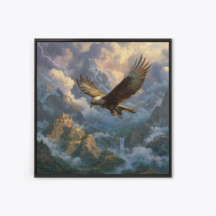 Soaring Eagle Over Stormy Mountain Castle Wall Art, Fantasy Landscape Canvas, Dramatic Wildlife Decor, Epic Gift For Him