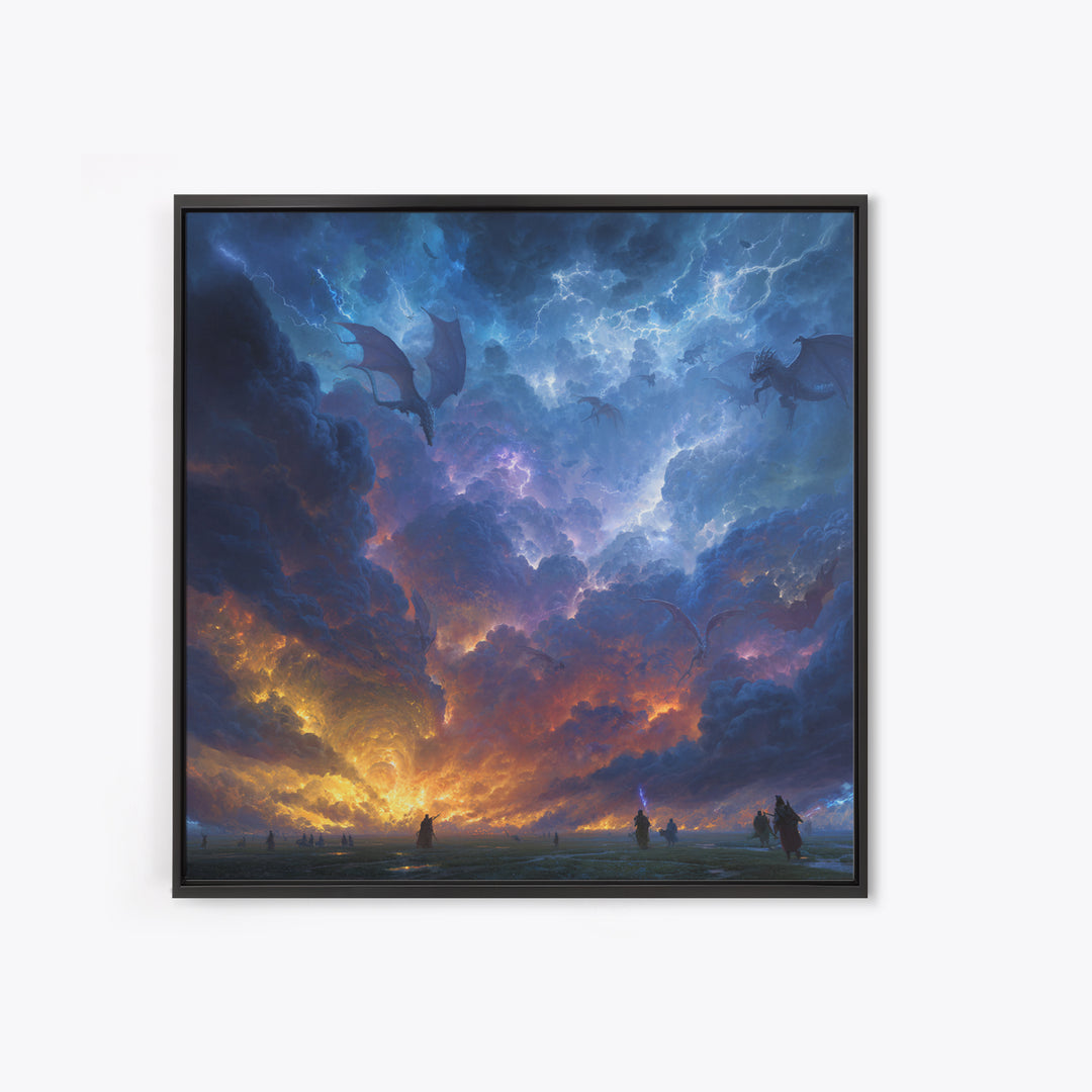 Lightning Dragons In Storm Clouds Canvas Print, Dark Fantasy Wall Art, Epic Gaming Room Decor, Dramatic Sky Gift For Him