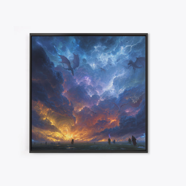 Lightning Dragons In Storm Clouds Canvas Print, Dark Fantasy Wall Art, Epic Gaming Room Decor, Dramatic Sky Gift For Him