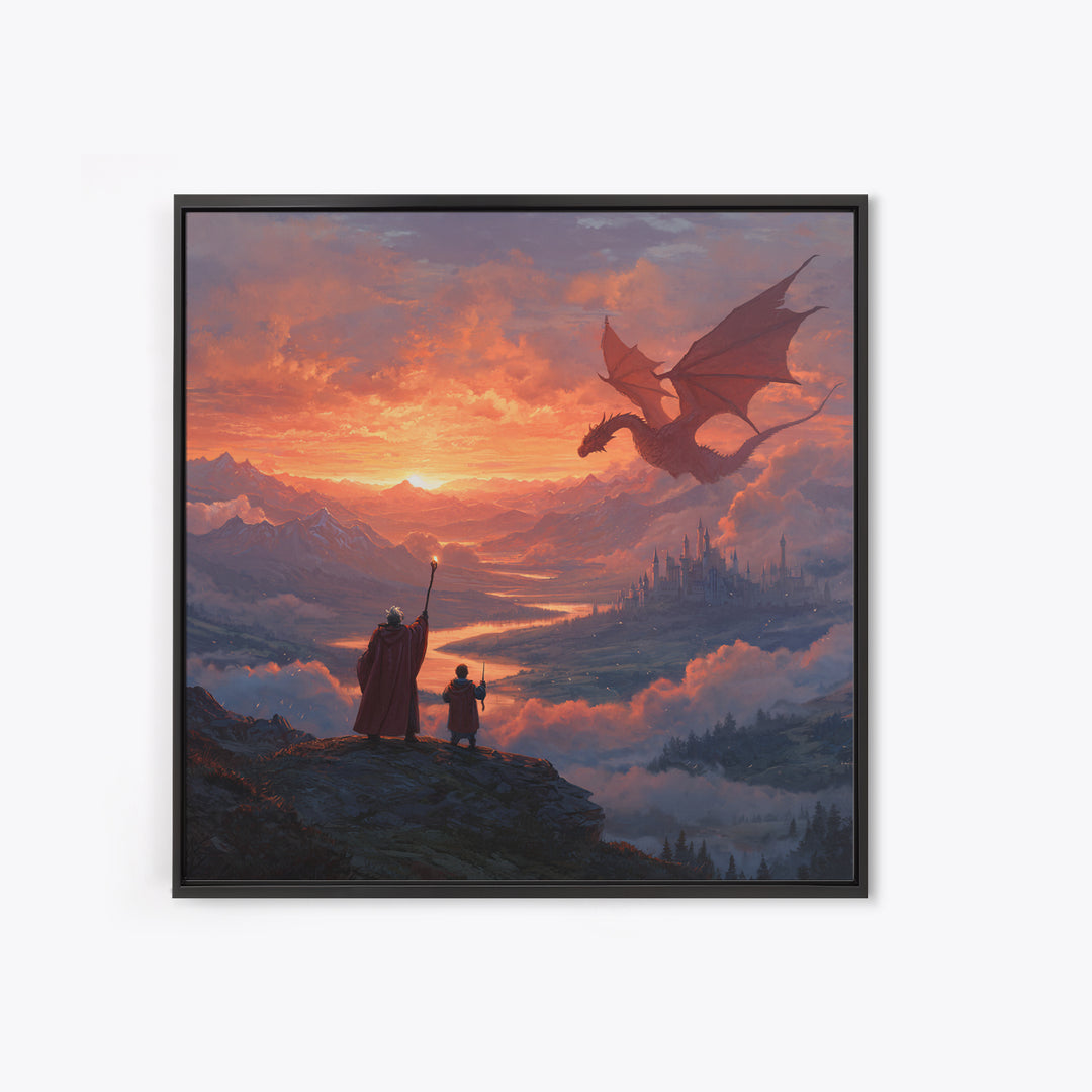 Sunset Dragon Over Mountain Valley Framed Canvas Print, Fantasy Castle Wall Art, Wizard Adventure Decor, Epic Gift For Him