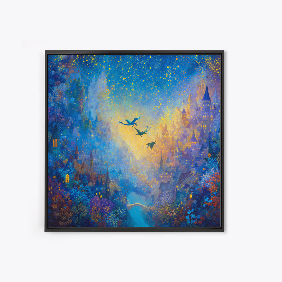 Blue Enchanted City With Golden Stars Canvas Print, Whimsical Fairy Tale Wall Art, Fantasy Castle Decor, Magical Gift For Her