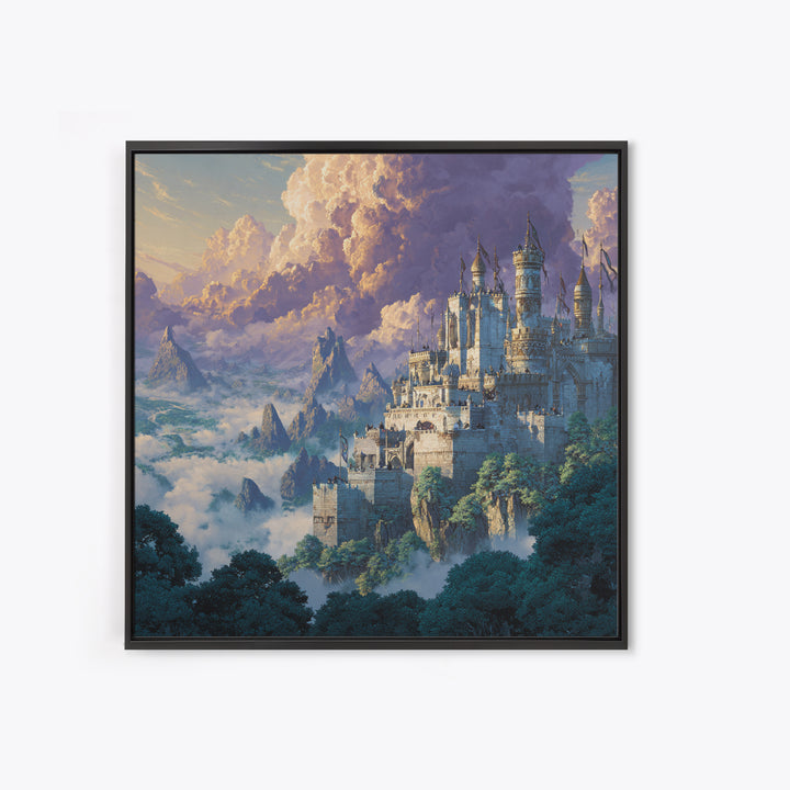 Majestic White Castle Above Clouded Mountains Wall Art, Fantasy Landscape Canvas Print, Fairytale Home Decor Gift For Her