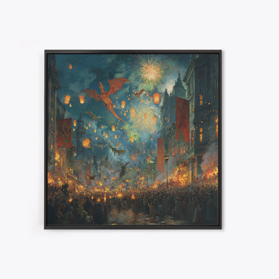 Dragon Festival Over Lantern Lit Medieval City Canvas Print, Fantasy Celebration Wall Art, Fireworks Decor, Epic Gift For Him