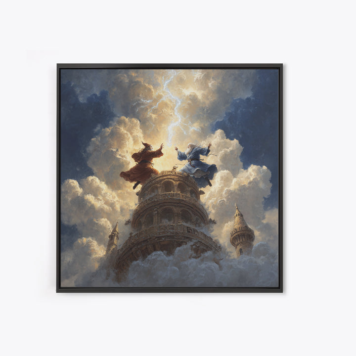 Wizards Dueling Atop Tower In Storm Clouds Wall Art, Dark Fantasy Canvas Print, Lightning Magic Decor, Epic Gift For Him