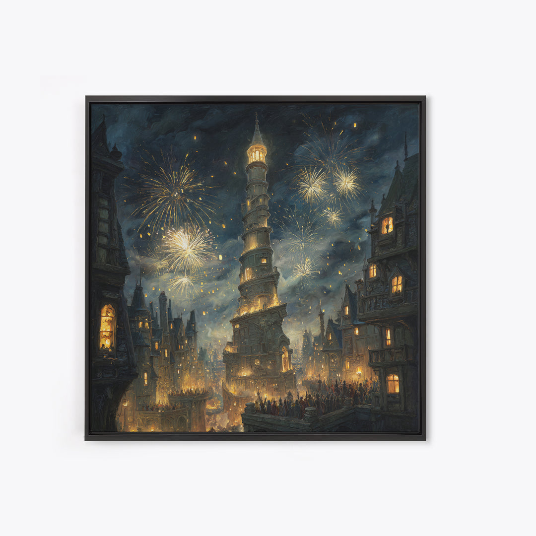 Fireworks Over Leaning Fantasy Tower Framed Canvas Print, Medieval Magical City Wall Art, Night Festival Decor, Gift For Her