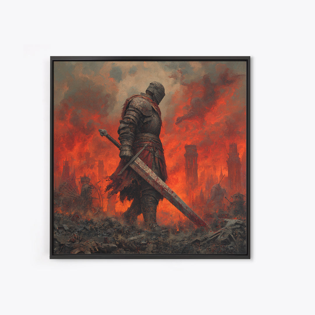 Armored Knight In Burning Battlefield Wall Art, Dark Fantasy Canvas Print, Medieval Warrior Decor, Gothic Game Room Art Print