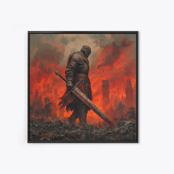 Armored Knight In Burning Battlefield Wall Art, Dark Fantasy Canvas Print, Medieval Warrior Decor, Gothic Game Room Art Print