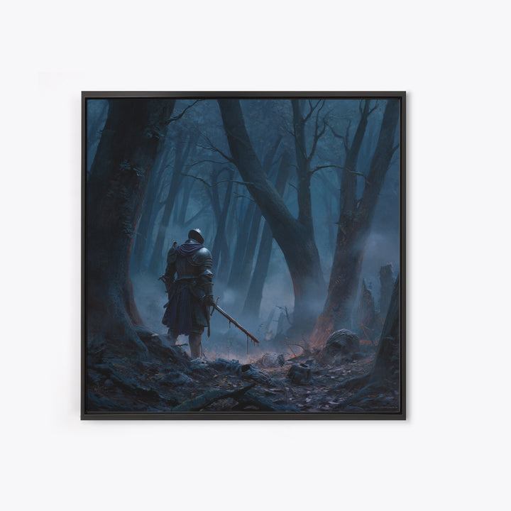 Lone Knight In Misty Blue Forest Wall Art, Dark Fantasy Canvas Print, Medieval Warrior Decor, Gothic Office Art Print Gift