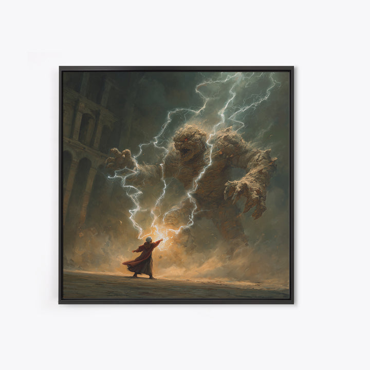 Wizard Battling Lightning Stone Golem Wall Art, Dark Fantasy Canvas Print, Magic Ruins Decor, Epic Sorcerer Art Gift Print