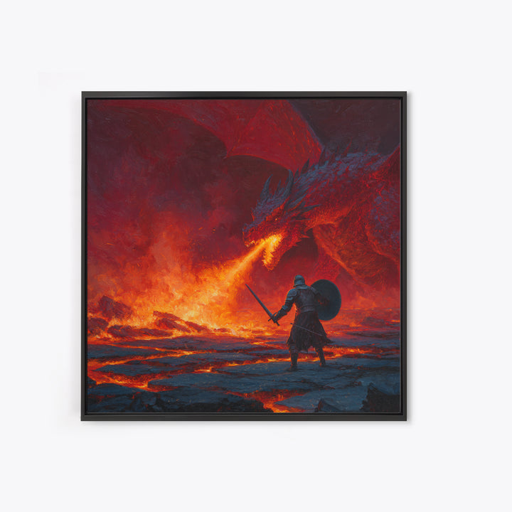 Red Dragon Breathing Fire At Knight Wall Art, Dark Fantasy Canvas Print, Lava Battle Decor, Gothic Medieval Art Gift Print