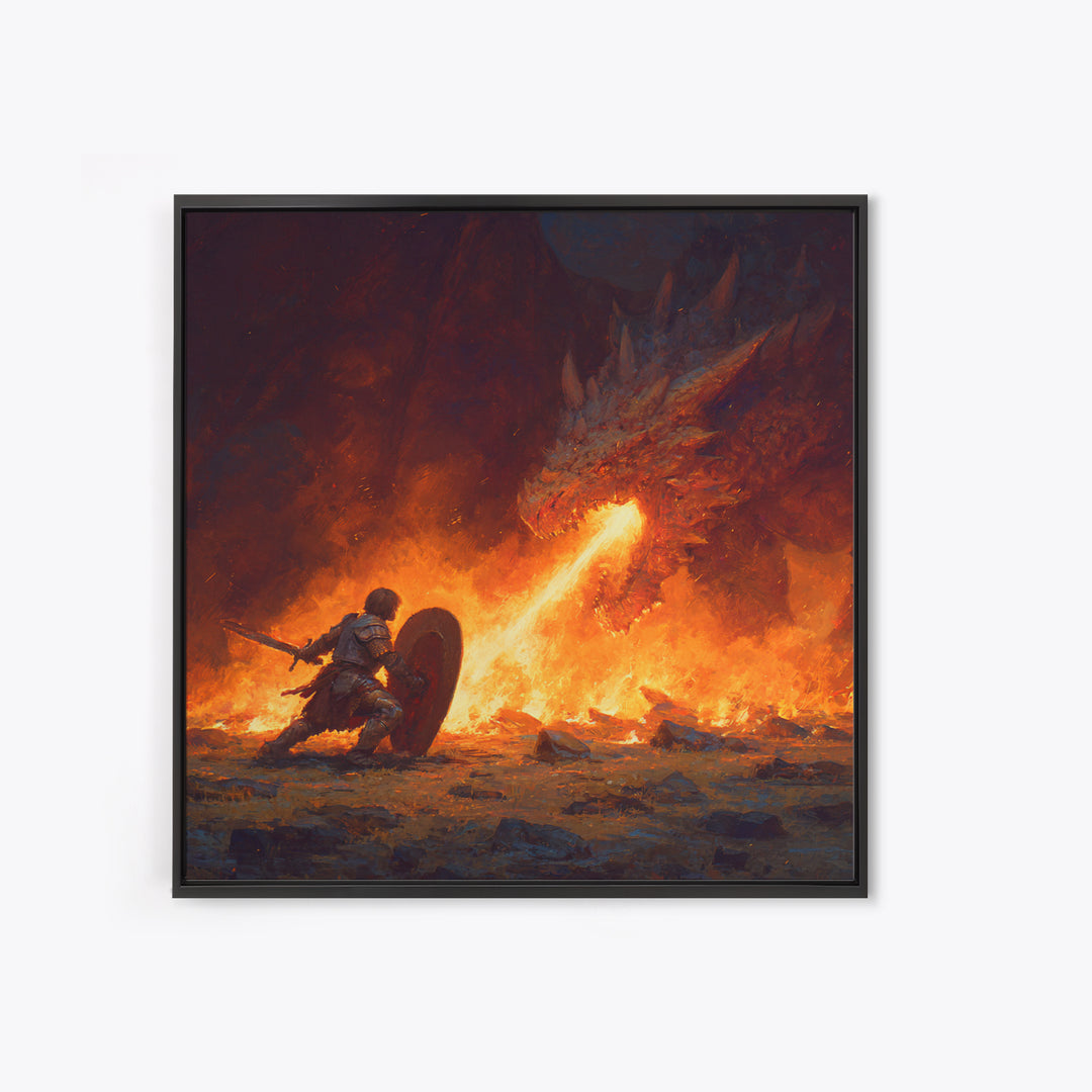 Knight Shielding From Dragon Fire Wall Art, Fantasy Canvas Print, Medieval Battle Decor, Gothic Warrior Gift For Him Print