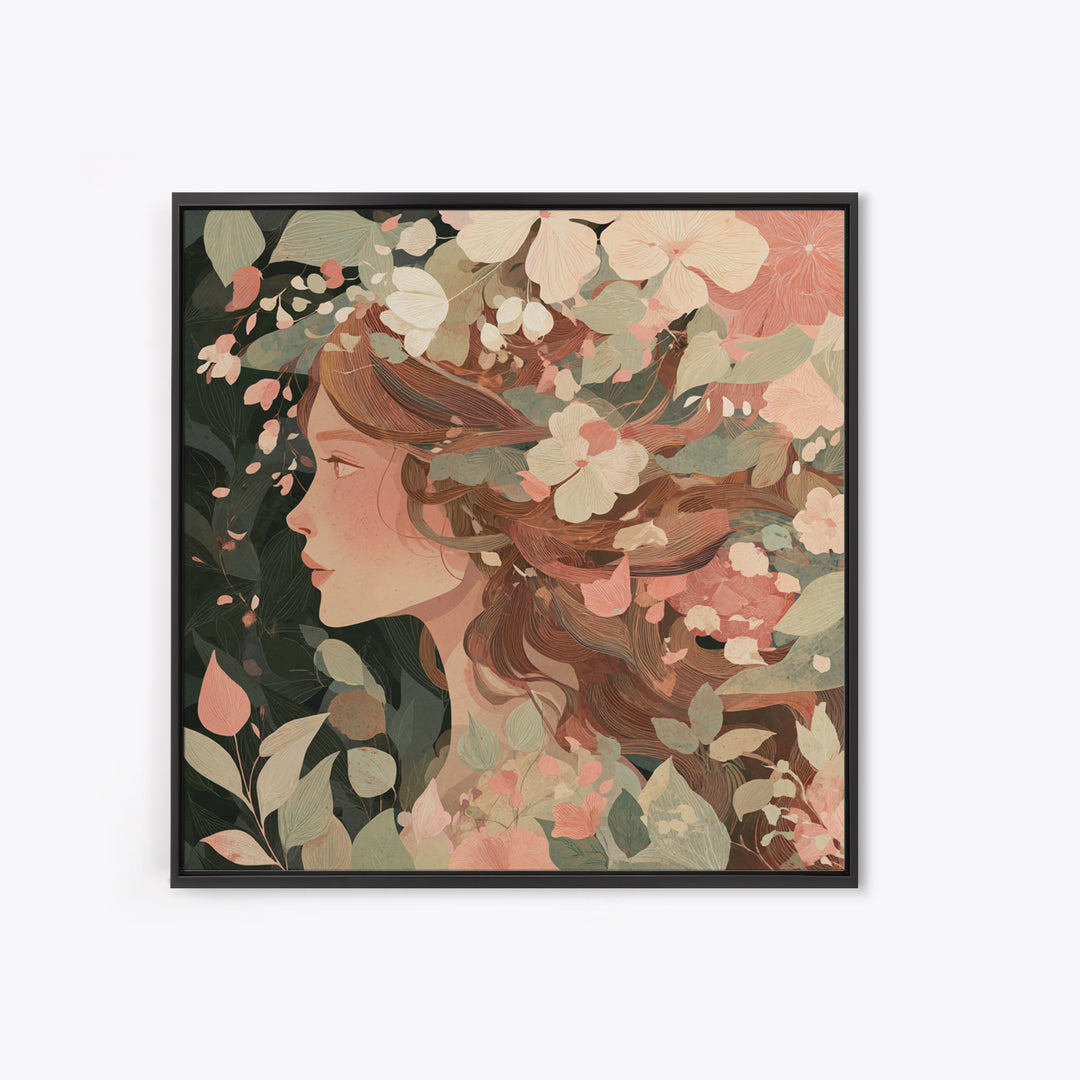 Botanical Woman Profile With Flowing Hair And Cream Flowers Wall Art, Art Nouveau Floral Print, Feminine Boho Living Room Decor Gift