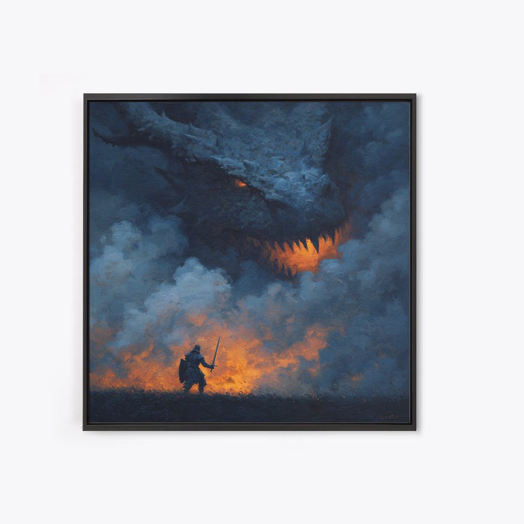 Dragon Looming Over Lone Knight In Smoke, Dark Fantasy Wall Art, Medieval Warrior Canvas Print, Gothic Game Room Decor Gift