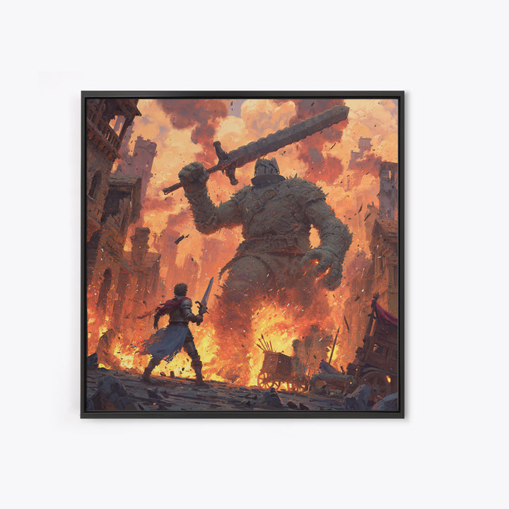 Giant Stone Warrior In Blazing City, Epic Fantasy Wall Art, Medieval Hero Canvas Print, Dramatic Game Room Decor Gift For Him
