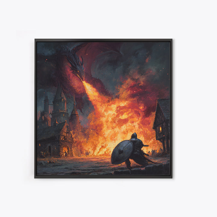 Fire Breathing Dragon Above Shielded Knight, Dark Fantasy Wall Art, Medieval Village Canvas Print, Gothic Castle Decor Gift