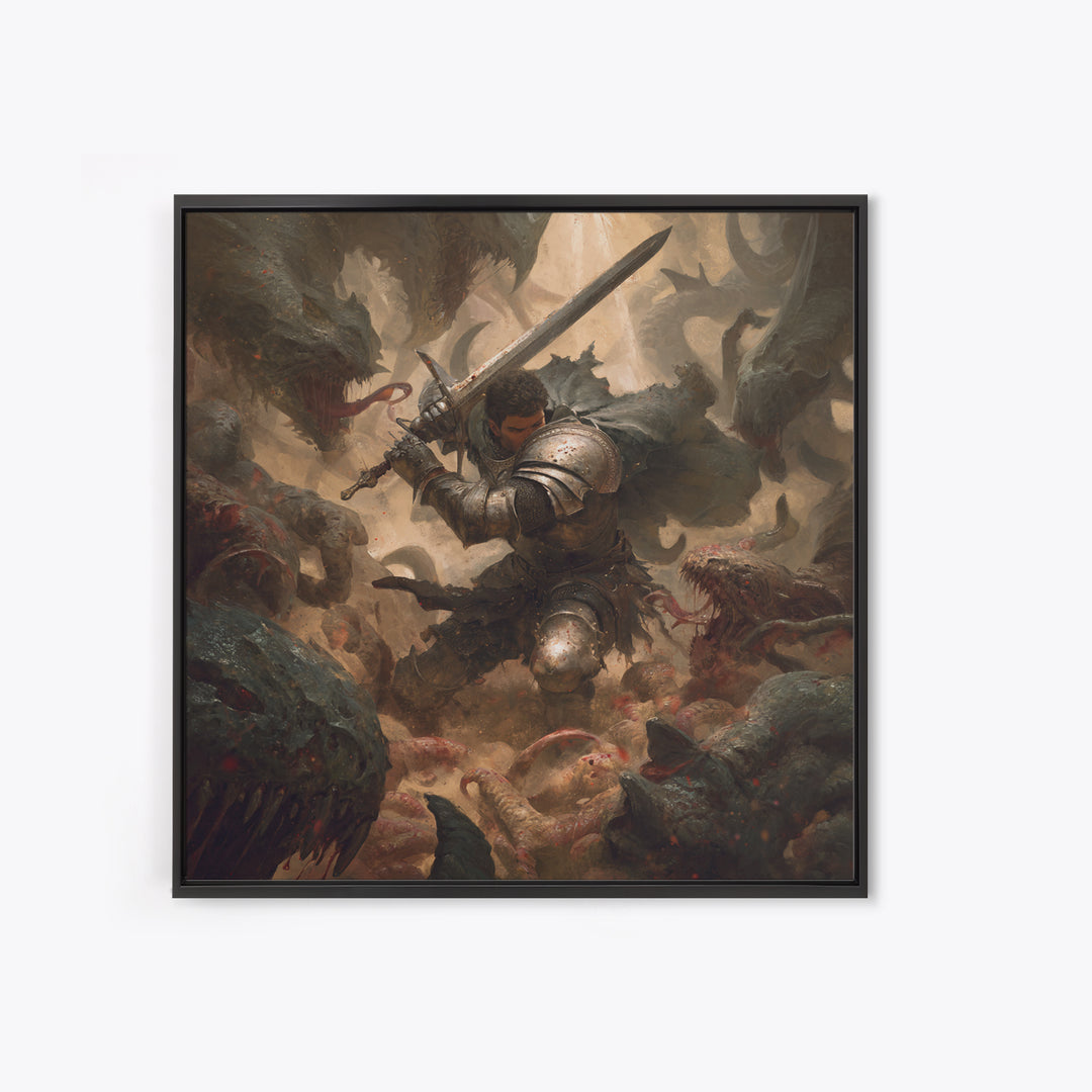 Armored Warrior Battling Monsters With Sword, Dark Fantasy Wall Art, Medieval Knight Canvas Print, Gothic Dungeon Decor Gift