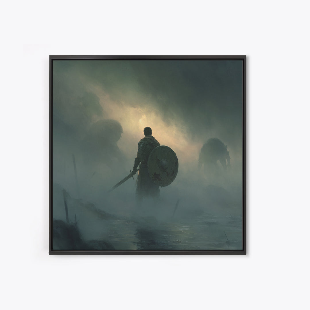 Lone Knight Facing Shadow Giants In Fog, Moody Fantasy Wall Art, Medieval Warrior Canvas Print, Dark Academia Decor Gift