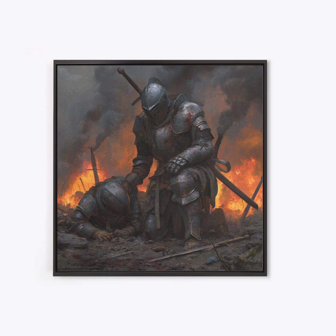 Bloodied Knight Kneeling On Fiery Battlefield, Dark Fantasy Wall Art, Medieval Armor Canvas Print, Gothic Warrior Decor Gift
