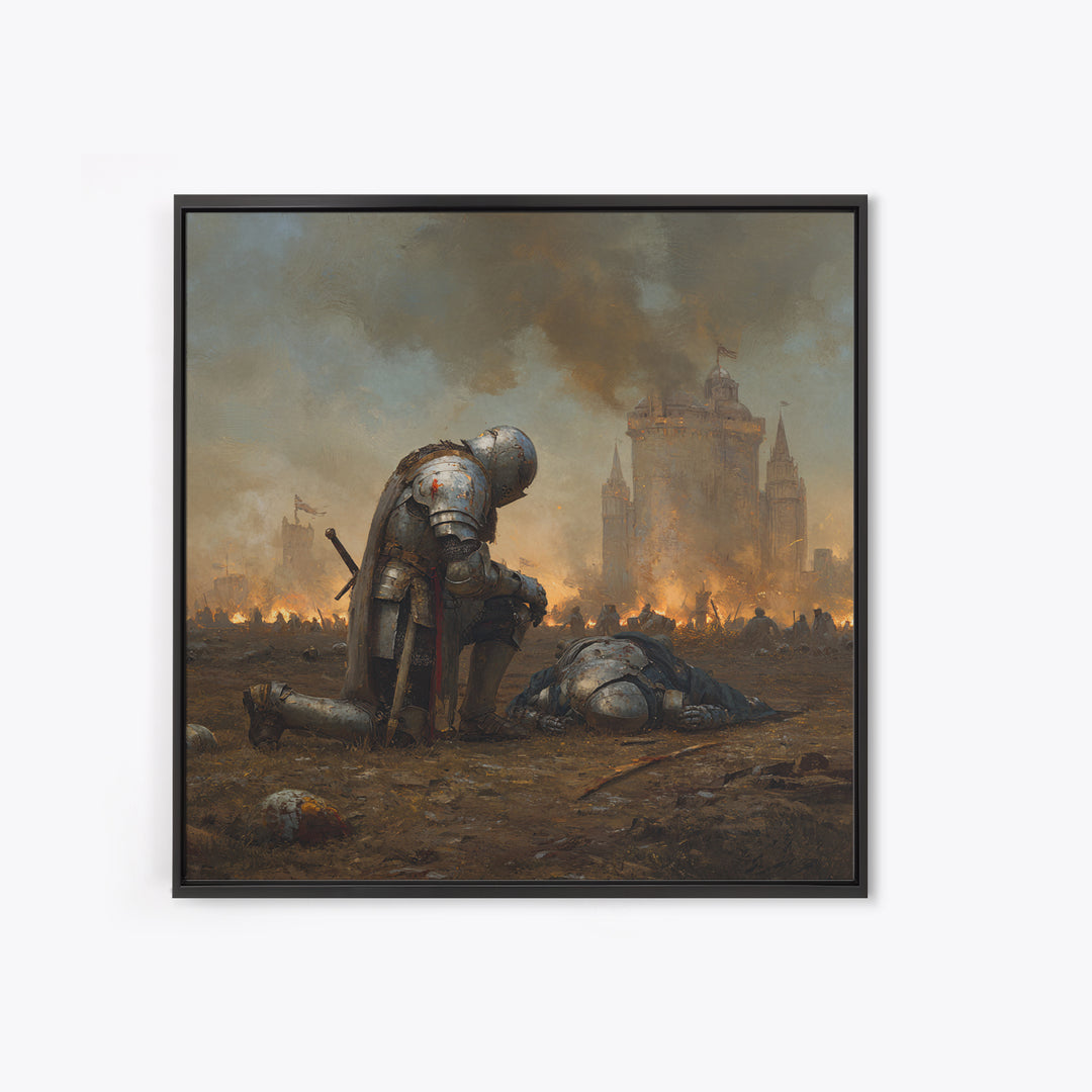 Kneeling Knight In War Torn Field By Castle, Medieval Wall Art, Dark Fantasy Canvas Print, Moody Living Room Decor Gift For Him