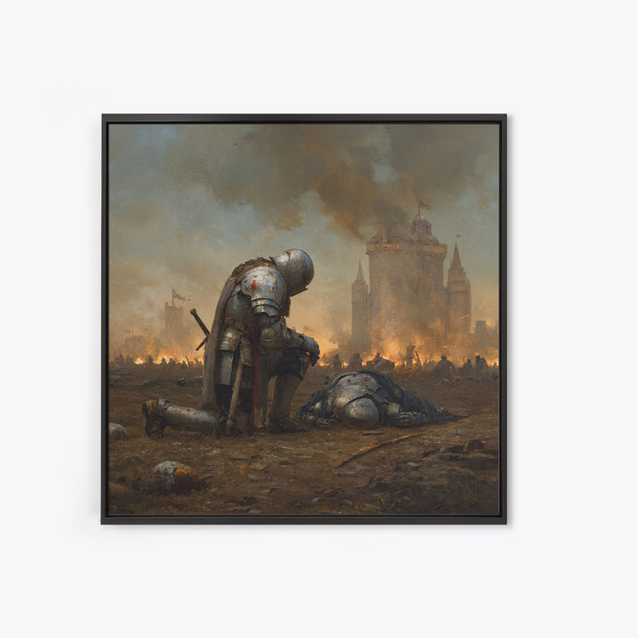 Kneeling Knight In War Torn Field By Castle, Medieval Wall Art, Dark Fantasy Canvas Print, Moody Living Room Decor Gift For Him