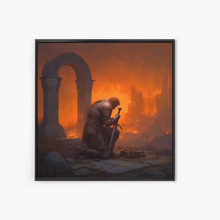 Knight Praying Beside Sword In Burning Ruins, Dark Fantasy Wall Art, Medieval Canvas Print, Gothic Castle Decor Gift For Him