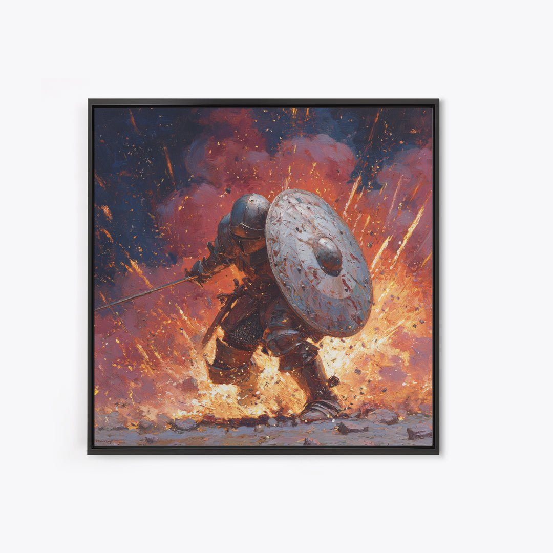 Shielded Knight Charging Through Exploding Fire, Dark Fantasy Wall Art, Medieval Battle Canvas Print, Gothic Game Room Decor