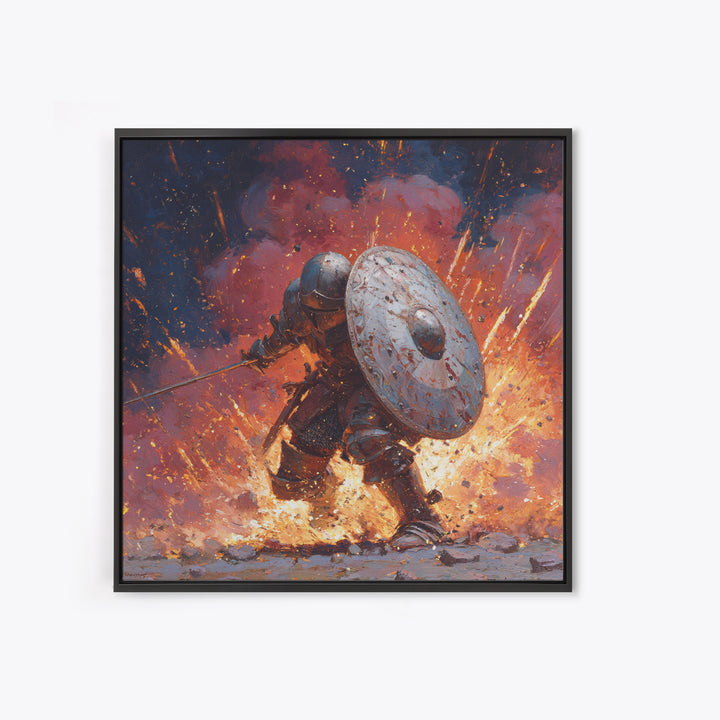 Shielded Knight Charging Through Exploding Fire, Dark Fantasy Wall Art, Medieval Battle Canvas Print, Gothic Game Room Decor