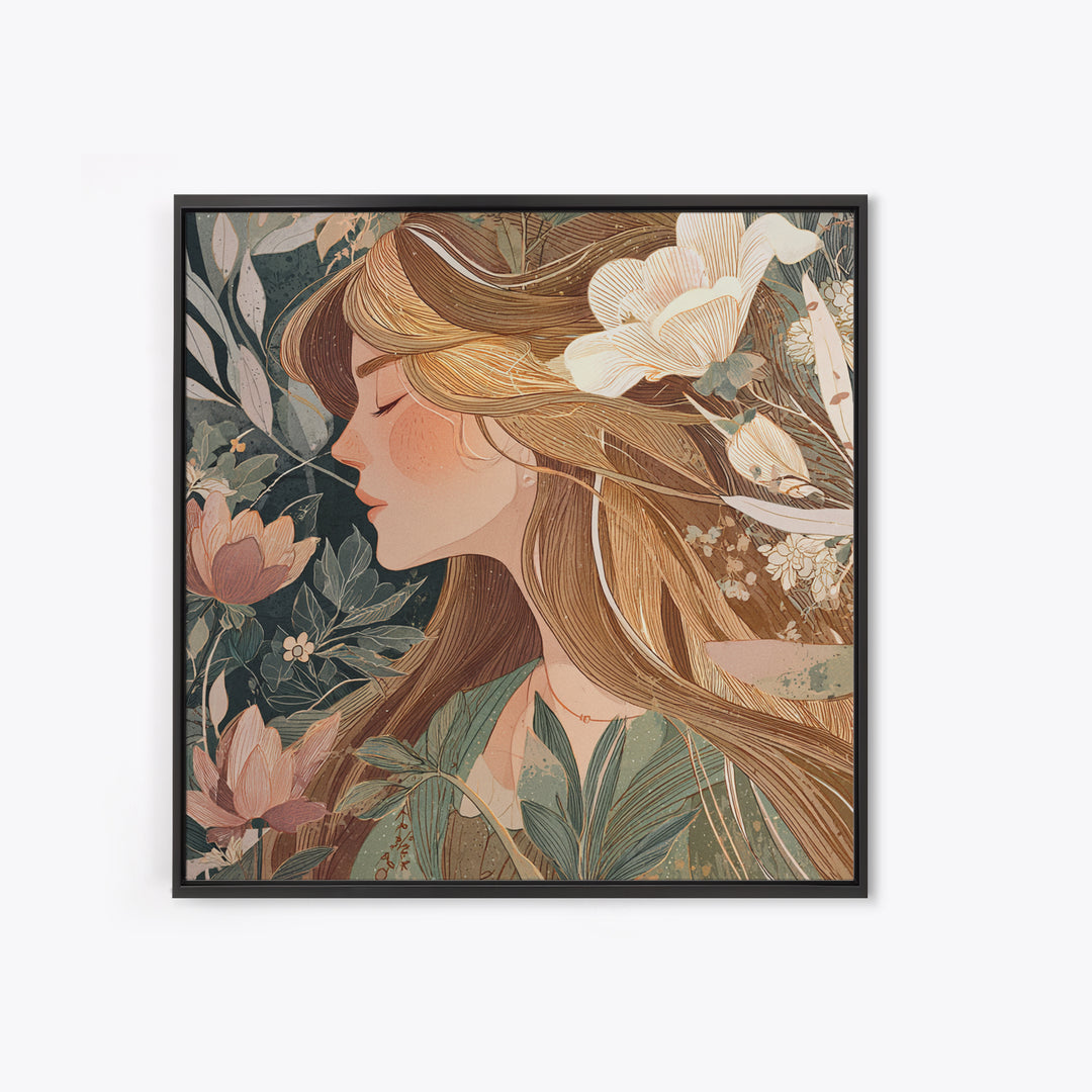 Blonde Woman In Blooming Garden Wall Art, Art Nouveau Floral Canvas Print, Feminine Botanical Decor, Romantic Bedroom Art