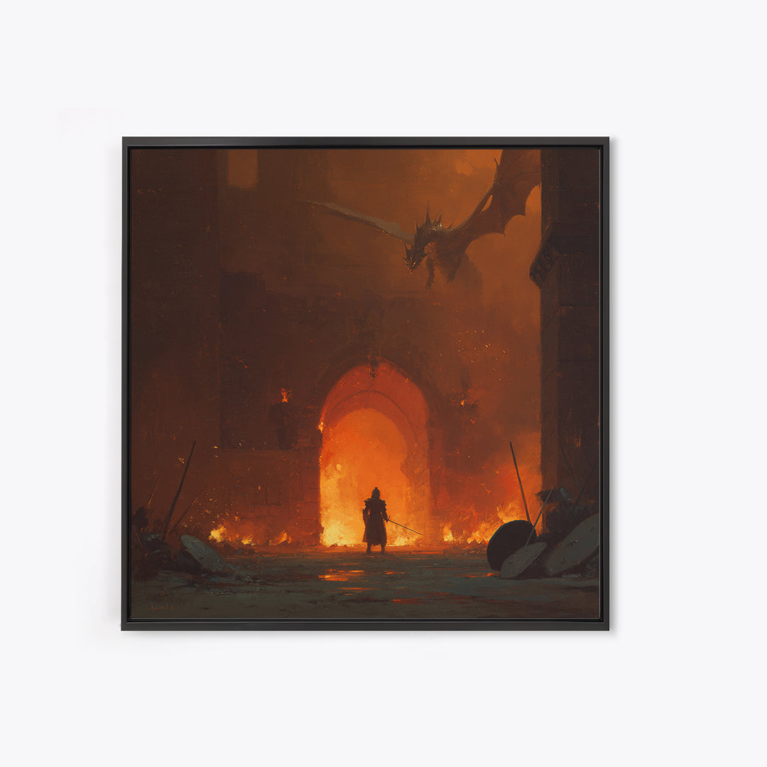 Dragon Above Burning Castle Gate Framed Canvas Print, Dark Fantasy Wall Art, Medieval Warrior Decor, Gothic Game Room Poster