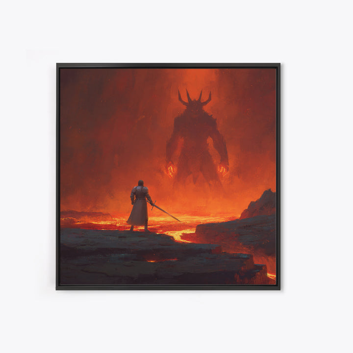 Knight Facing Fiery Demon In Lava Realm Canvas Print, Dark Fantasy Wall Art, Gothic Battle Decor, Epic Gaming Room Poster