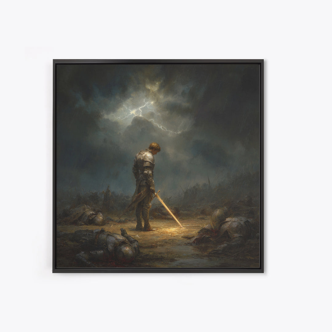 Stormlit Knight With Glowing Sword Wall Art, Dark Fantasy Battlefield Print, Gothic Medieval Decor, Dramatic Office Wall Art