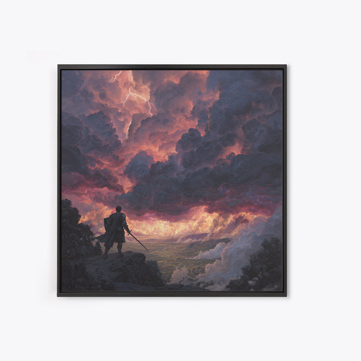 Warrior Beneath Thundercloud Sky Canvas Print, Dramatic Fantasy Landscape Wall Art, Lightning Storm Decor, Moody Wall Decor