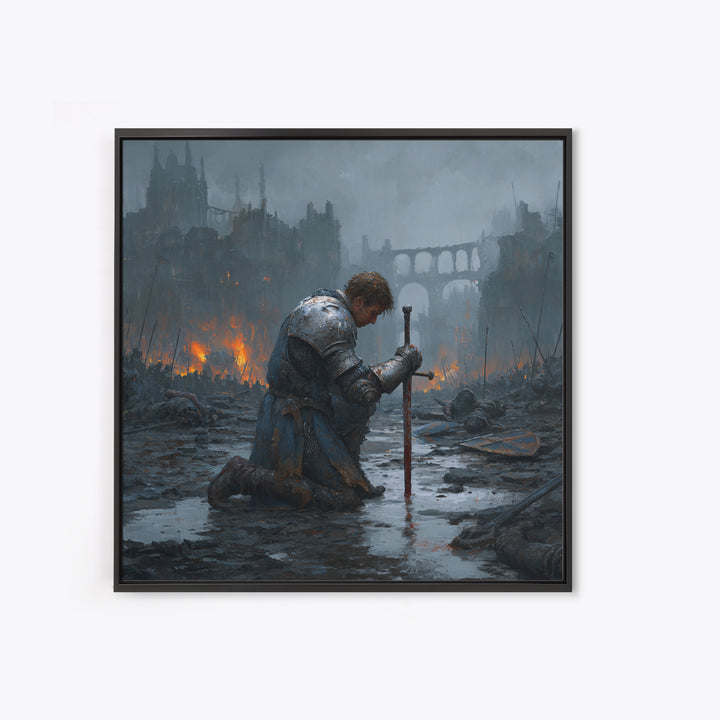 Kneeling Knight In Rainy Ruins Framed Canvas Print, Dark Fantasy Wall Art, Medieval Castle Decor, Moody Battlefield Art Print