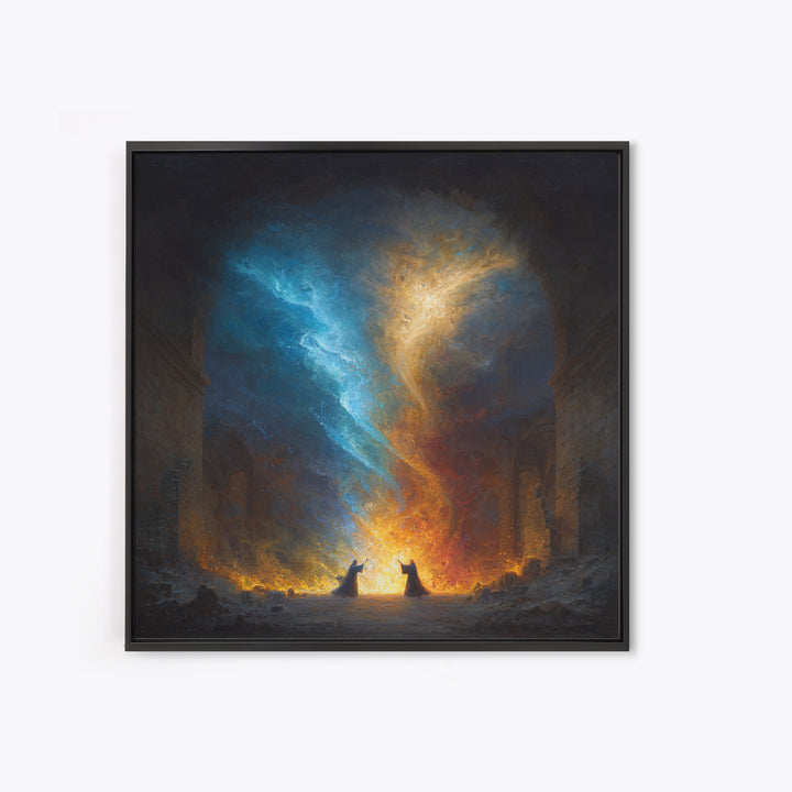 Twin Mages Casting Blue Gold Spell Canvas Print, Fantasy Magic Wall Art, Mystical Abstract Energy Decor, Wizard Wall Art