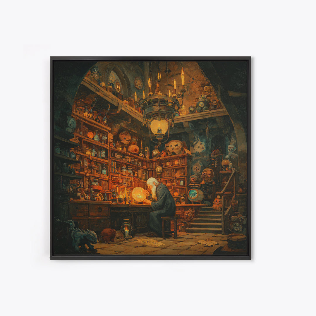 Old Wizard In Magical Curiosity Shop Wall Art, Fantasy Library Decor, Whimsical Alchemist Canvas, Dark Academia Home Decor Print
