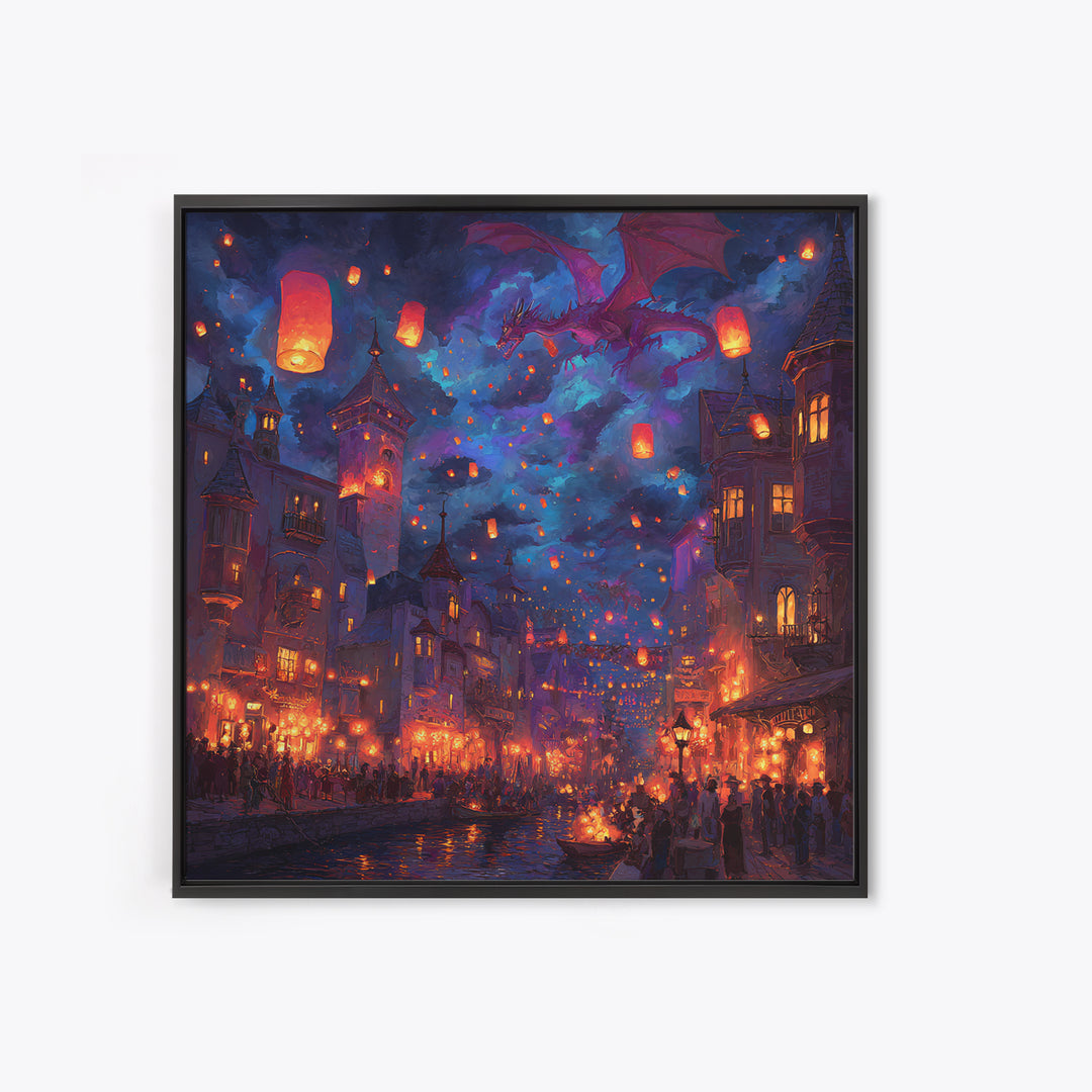 Purple Dragon Over Lantern Festival Wall Art, Whimsical Fantasy City Canvas, Magical Night Decor, Colorful Kids Room Poster
