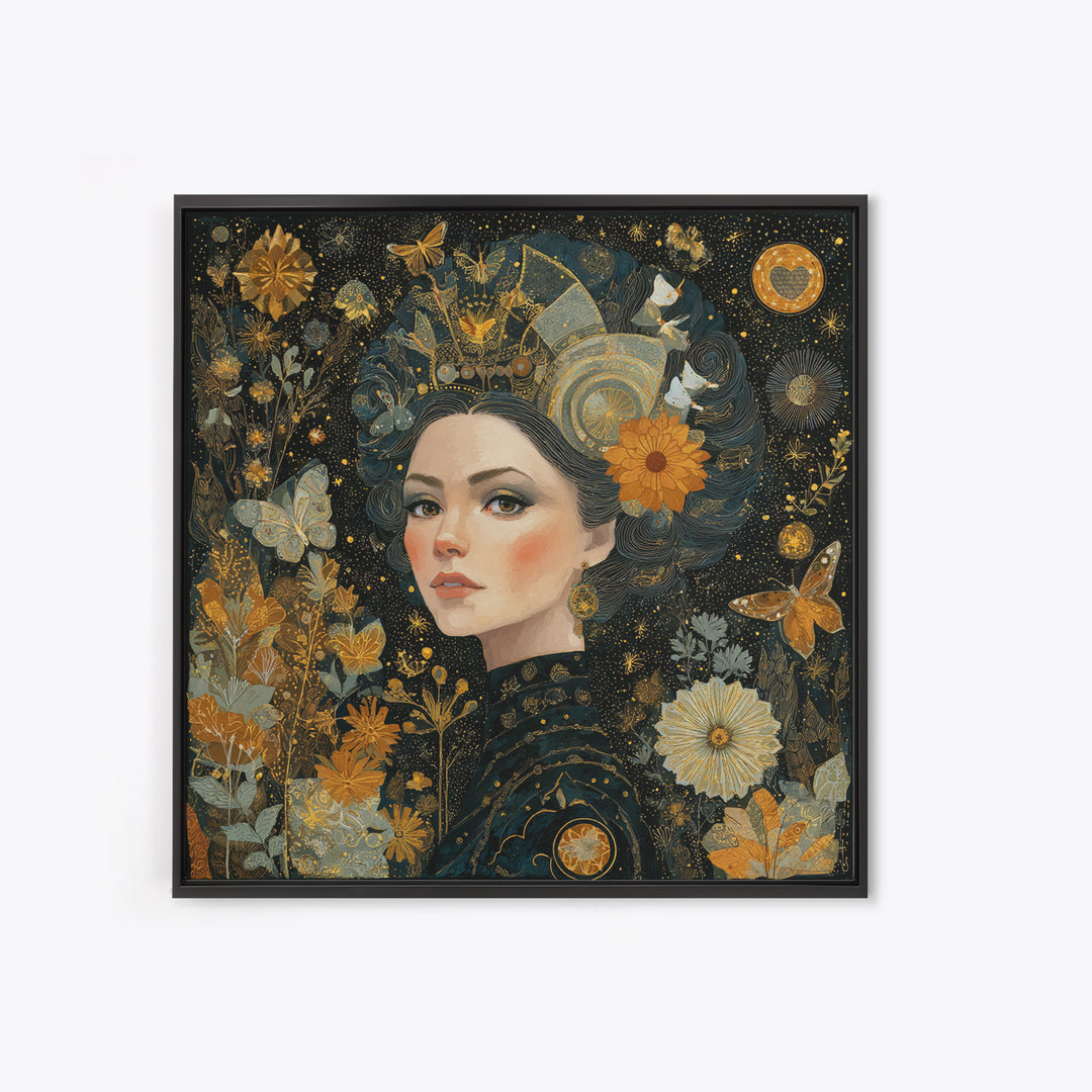 Art Nouveau Woman With Gold Flowers Canvas Print, Feminine Celestial Wall Art, Botanical Portrait Decor, Elegant Gift For Her