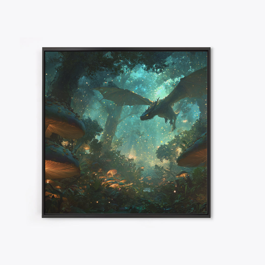 Enchanted Forest Dragon With Glowing Mushrooms Wall Art, Fantasy Canvas Print, Magical Woodland Decor, Gamer Room Decor Gift