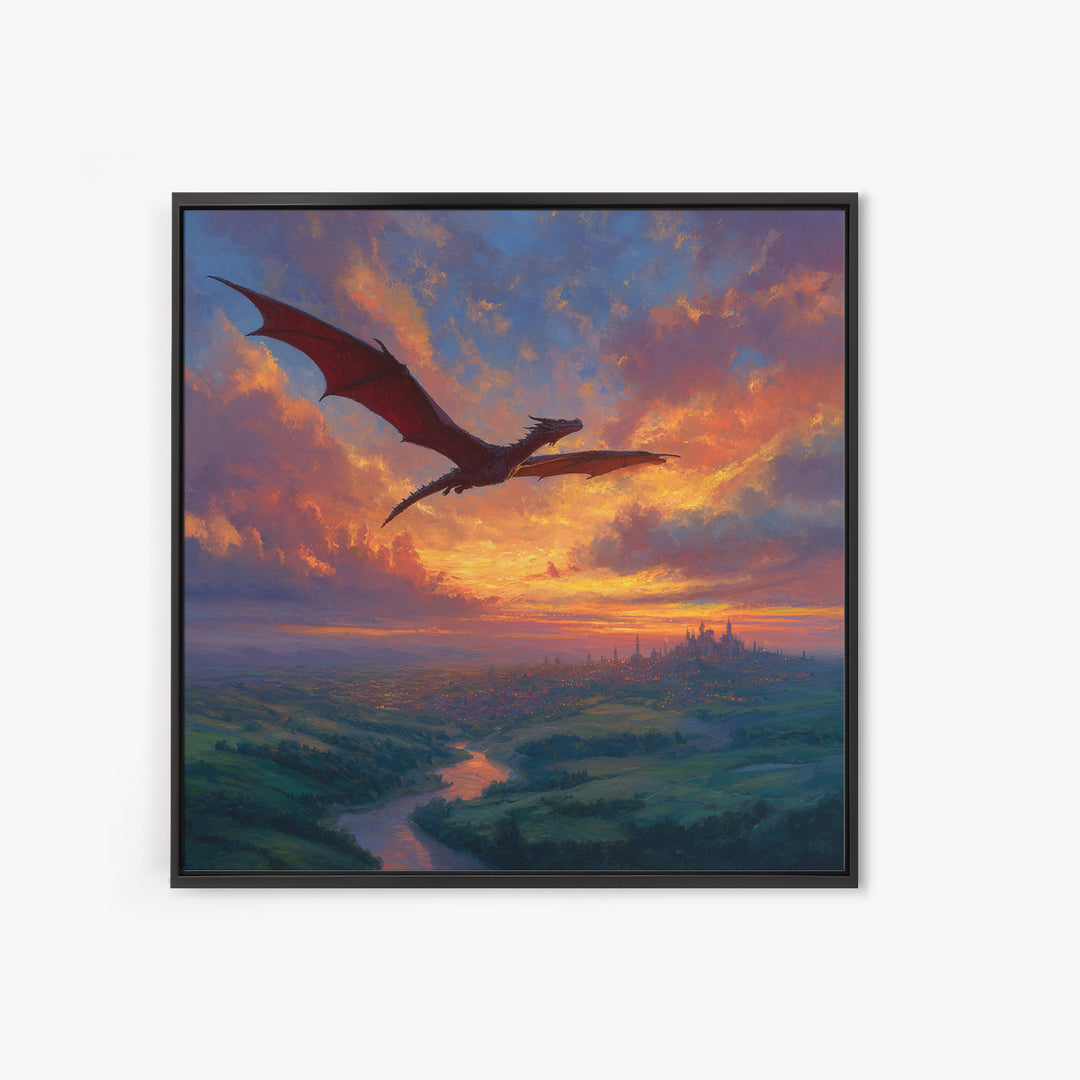 Red Dragon Flying Over Sunset Kingdom Canvas Print, Fantasy Landscape Wall Art, Castle Decor, Epic Gamer Room Gift For Him