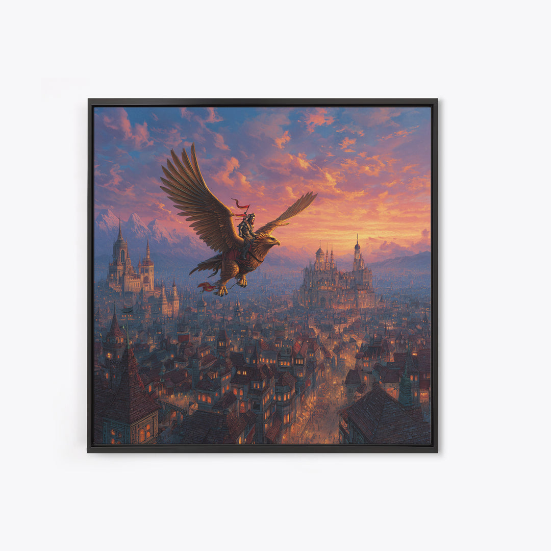 Warrior Riding Griffon Over Medieval City Framed Canvas Print, Fantasy Wall Art, Castle Landscape Decor, Epic Adventure Gift