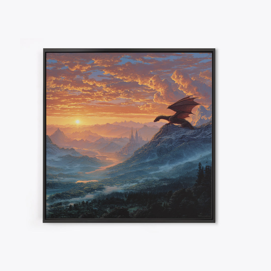 Mountain Dragon Watching Sunrise Kingdom Wall Art, Fantasy Landscape Canvas Print, Castle Decor, Epic Adventure Gift For Gamers