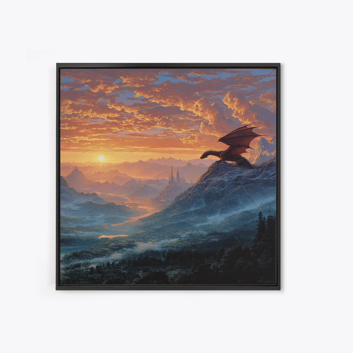 Mountain Dragon Watching Sunrise Kingdom Wall Art, Fantasy Landscape Canvas Print, Castle Decor, Epic Adventure Gift For Gamers